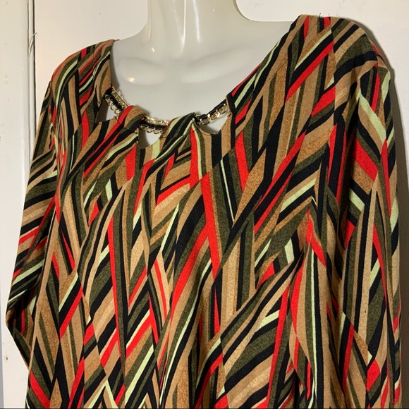 Rafaella Geometric Stripes Earthy Colors Lace Chain Neckline L/P TOP - Picture 4 of 13